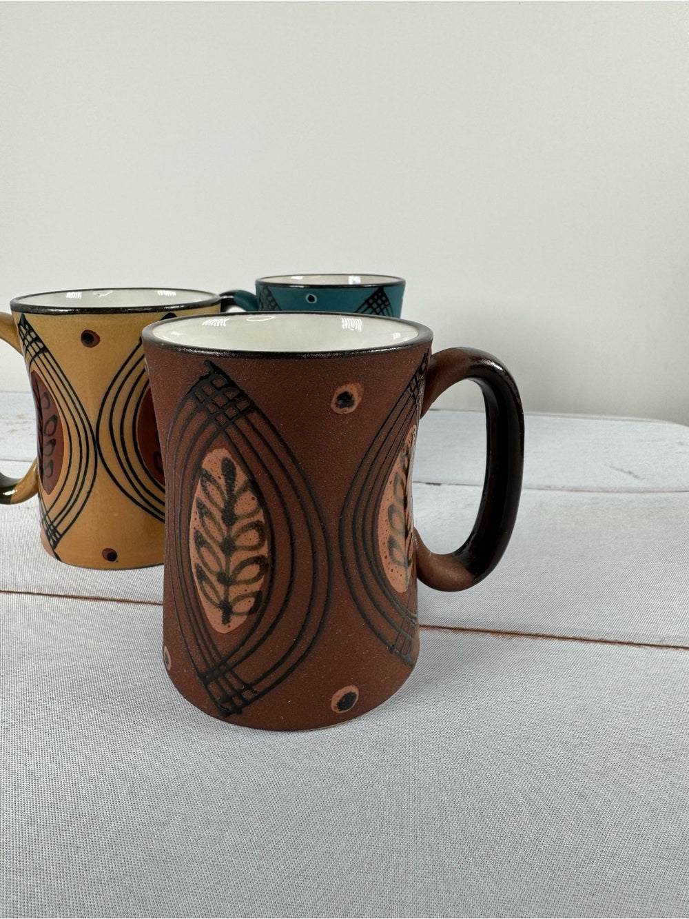 Vintage 70s MCM Boho Blue Tan Brown Stoneware Coffee Mugs Set of 3