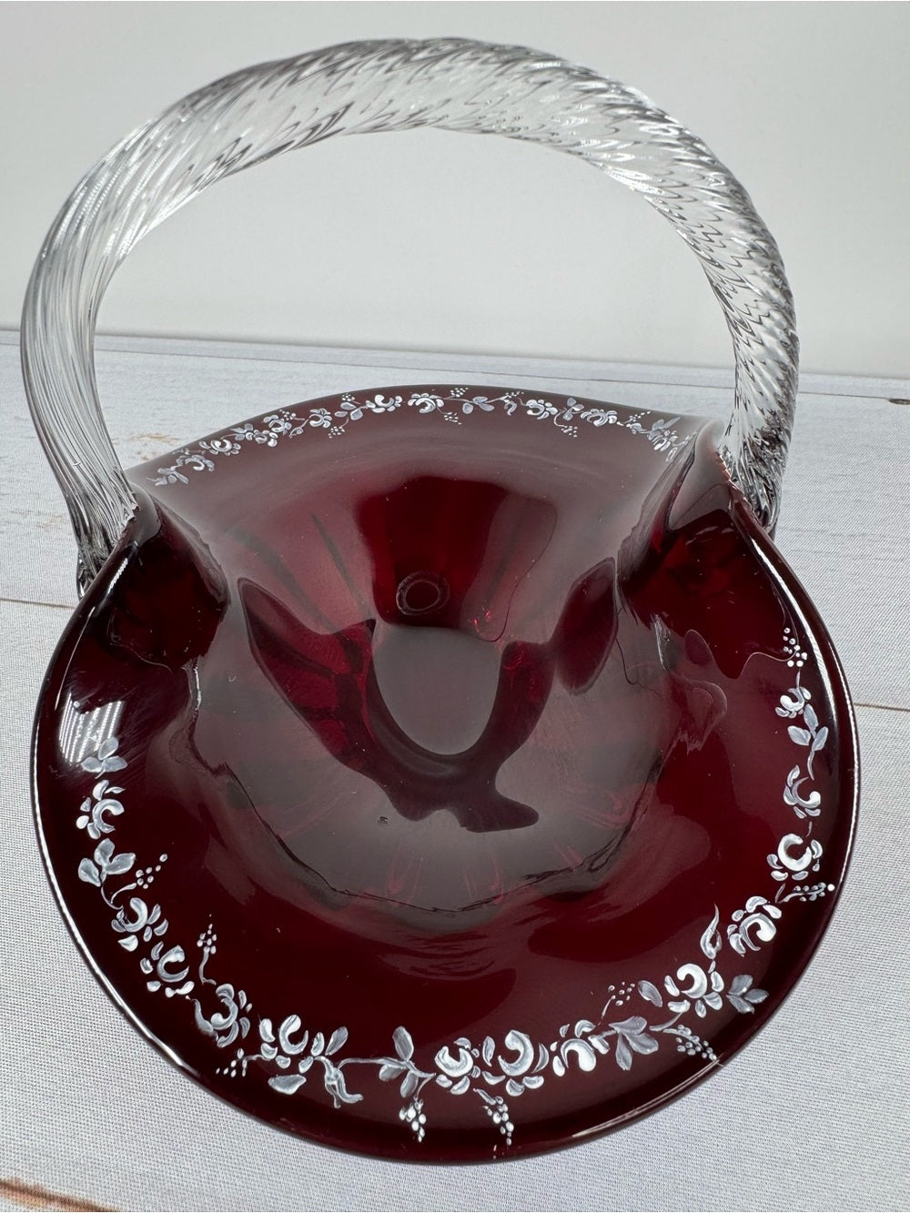 Fenton Cranberry Glass Basket Artist Signed Cynthia McAlpine 1995