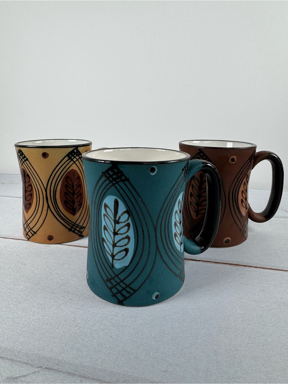 Vintage 70s MCM Boho Blue Tan Brown Stoneware Coffee Mugs Set of 3