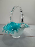 Vintage 1950s Fenton Silver Jamestown Blue Cased Milk Glass Ruffled Basket
