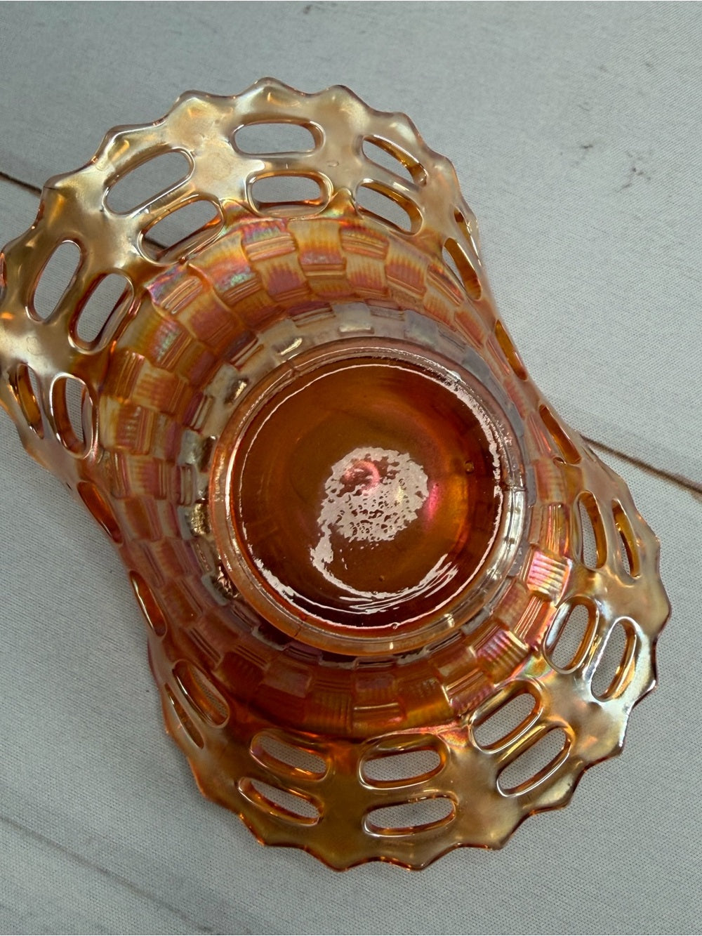 Vintage Fenton Marigold Carnival Glass Open Edge Basketweave Basket