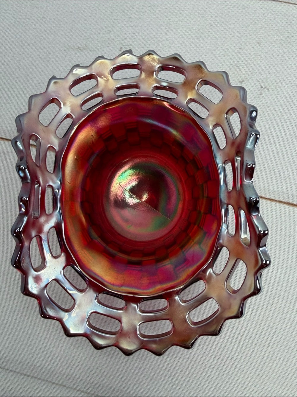 Fenton Ruby Red Iridescent Carnival Glass Openwork Lace Basketweave Ruffled Bowl