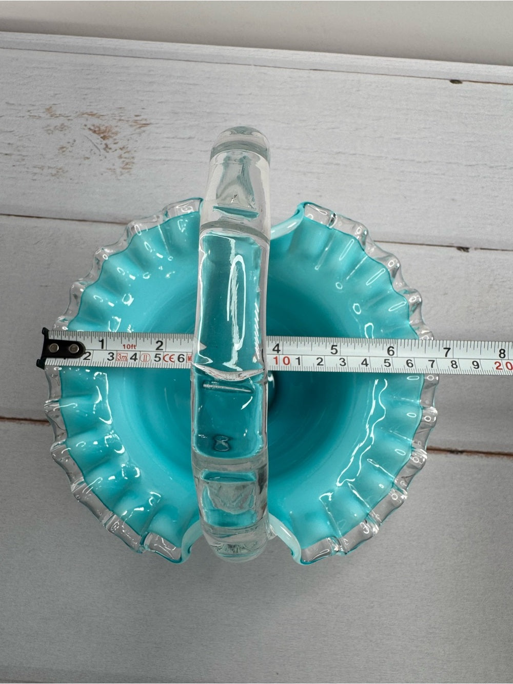 Vintage 1950s Fenton Silver Jamestown Blue Cased Milk Glass Ruffled Basket