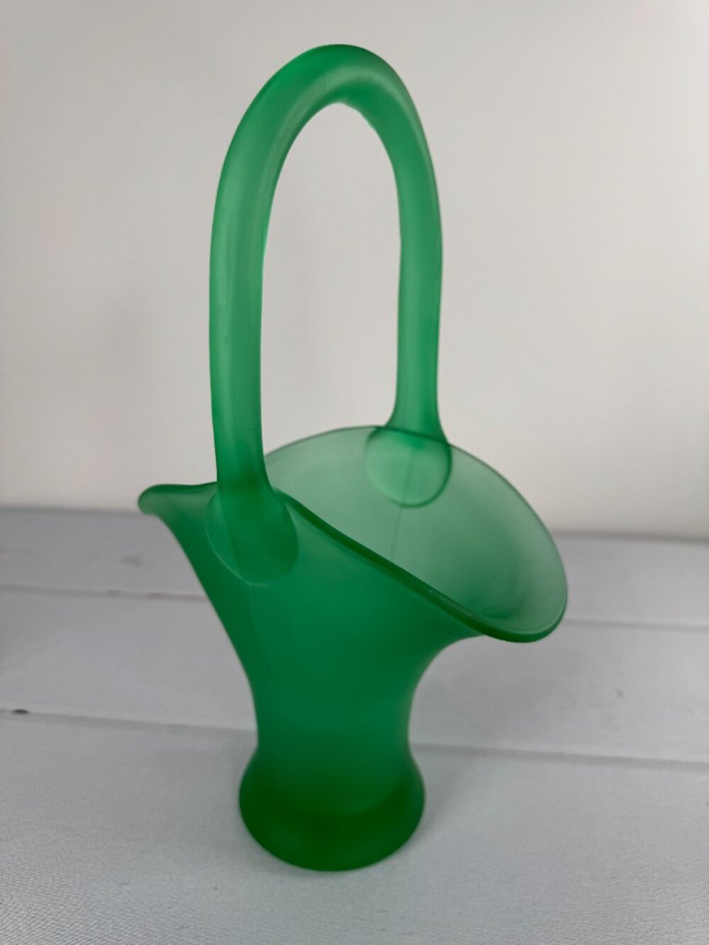 Vintage Tiffin Green Satin Uranium Glass Flower Basket Vase
