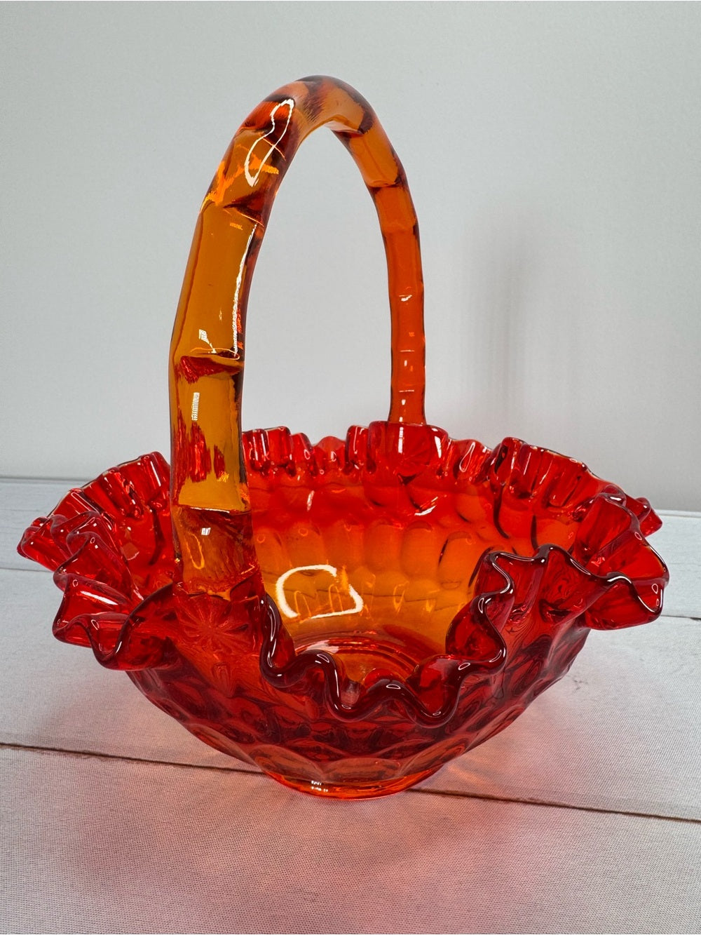 Vintage Fenton Amberina Thumbprint Ruffled Glass Basket
