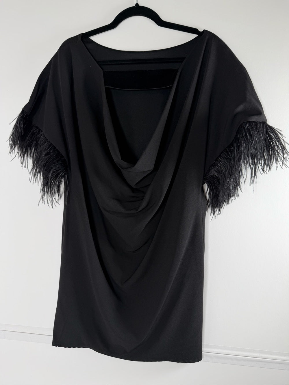 Jay X JAYGODFREY Black Feather Sleeve Draped Cocktail Dress Size 2