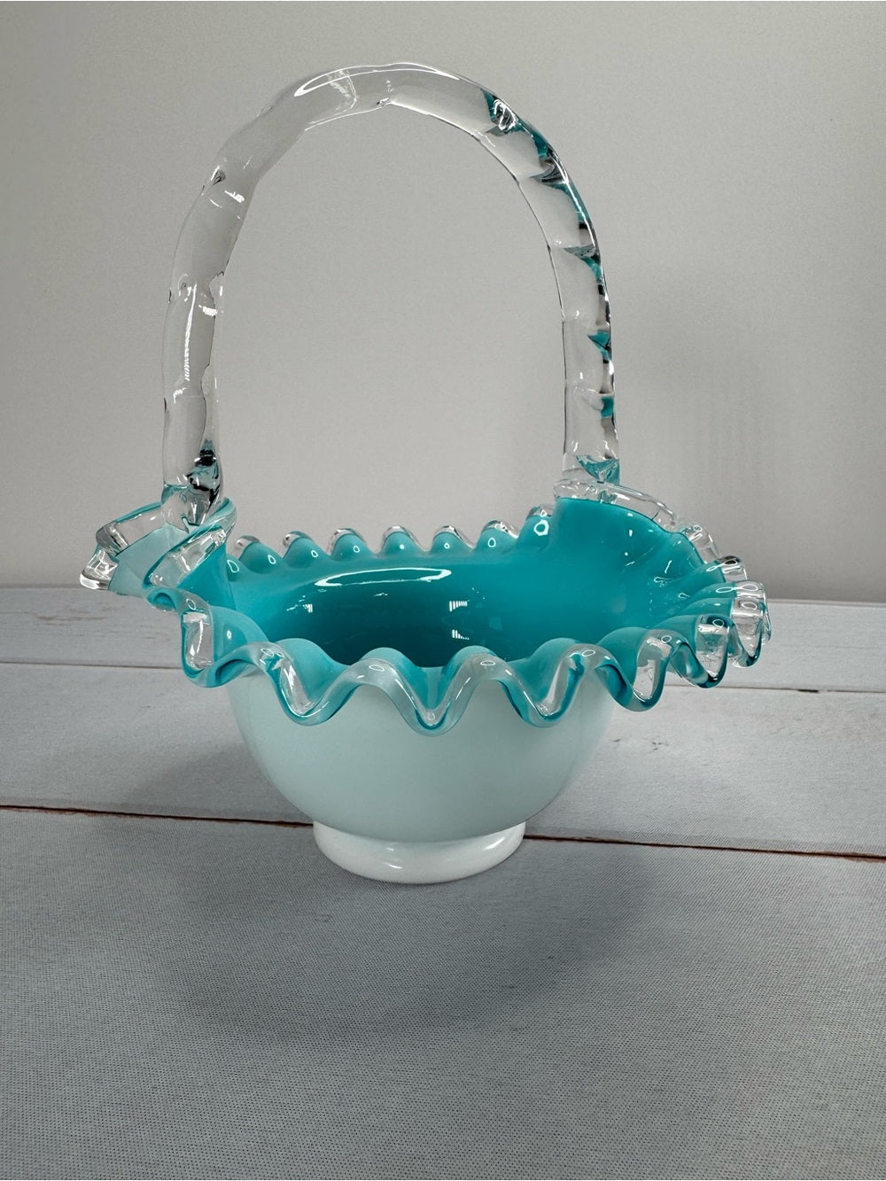 Vintage 1950s Fenton Silver Jamestown Blue Cased Milk Glass Ruffled Basket