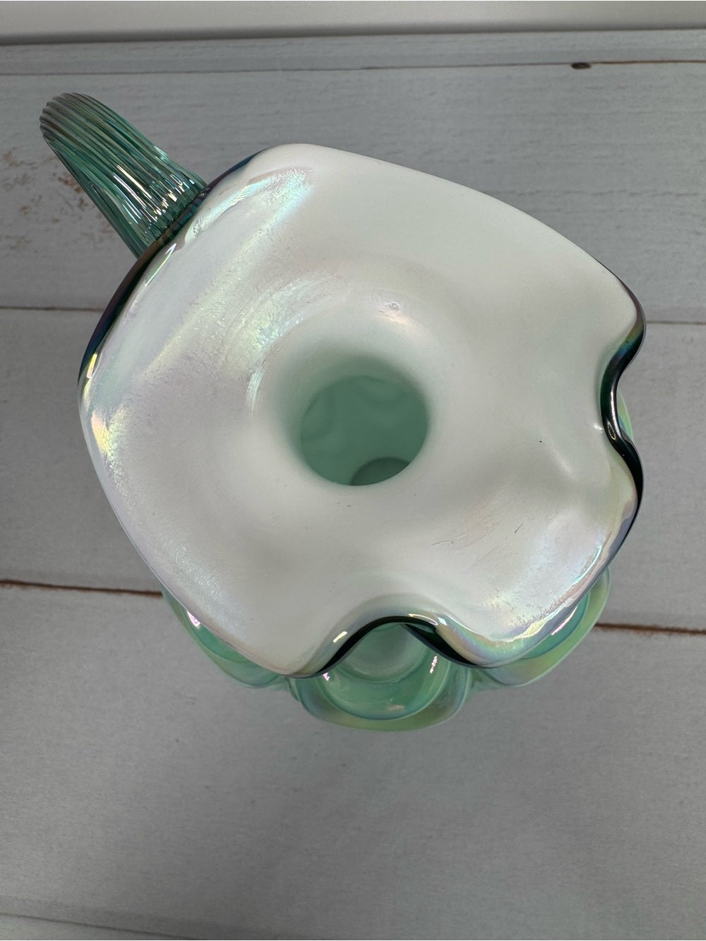 Vintage Fenton Green Opalescent Drapery Pattern Ewer Pitcher Handmade USA