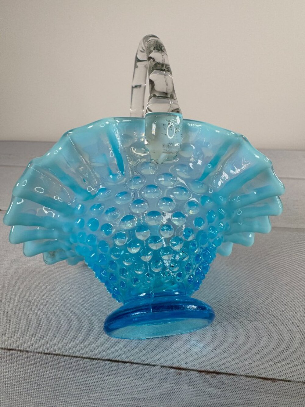 Vintage Fenton Blue Opalescent Hobnail Glass Basket Ruffled Clear Handle