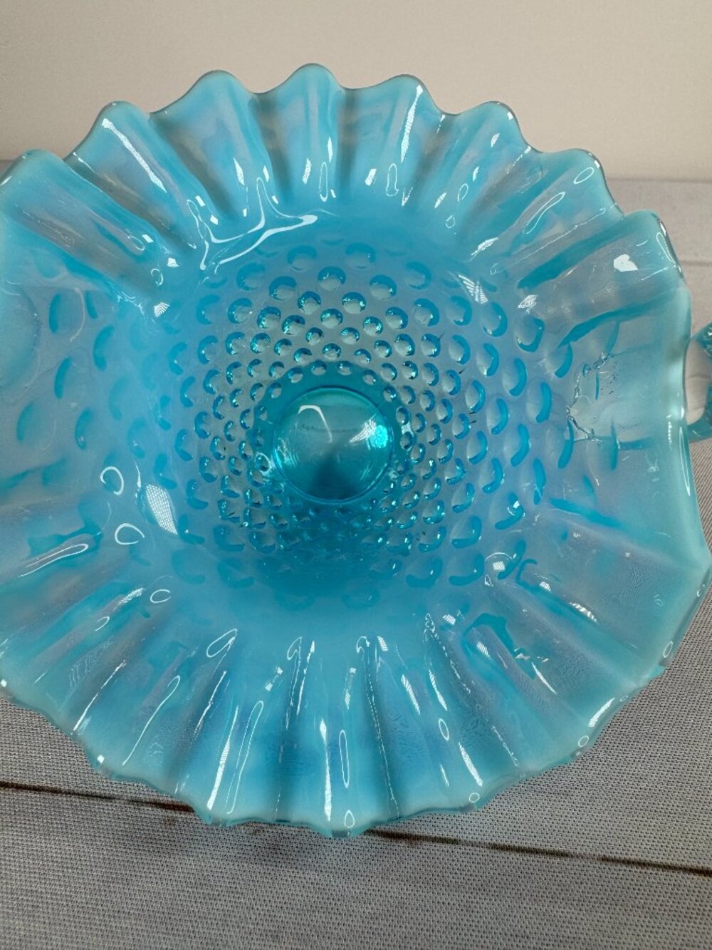 Vintage Fenton Blue Opalescent Hobnail Glass Basket Ruffled Clear Handle