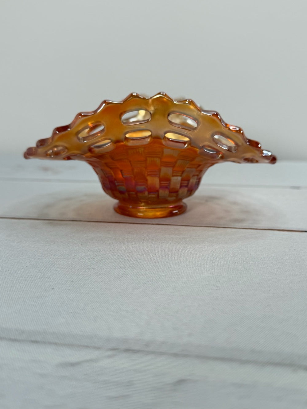 Vintage Fenton Marigold Carnival Glass Open Edge Basketweave Basket