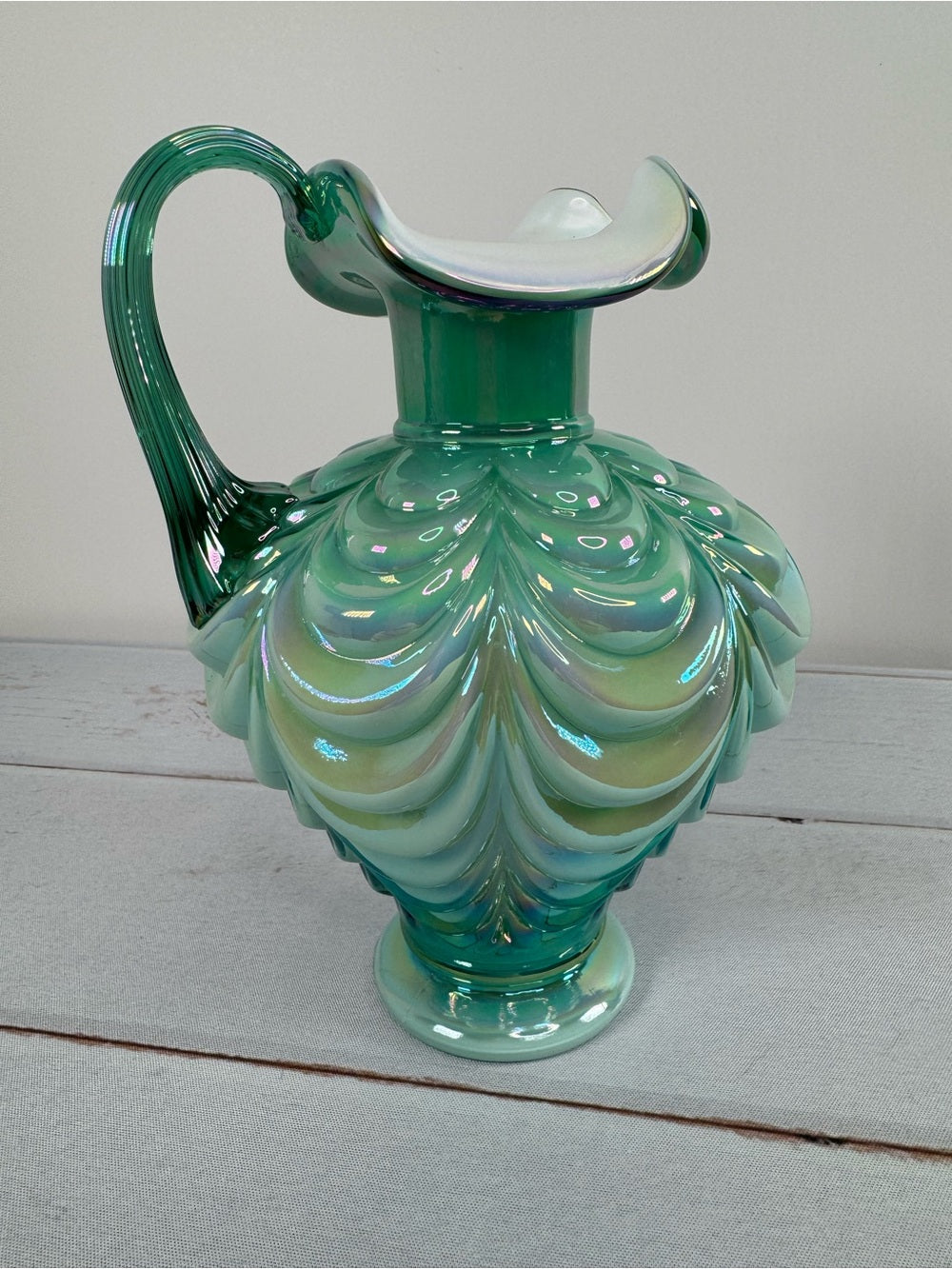 Vintage Fenton Green Opalescent Drapery Pattern Ewer Pitcher Handmade USA