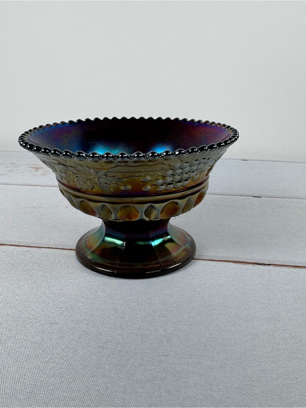 Antique Northwood Amethyst Carnival Glass Grape and Cable Pedestal Compote Bowl