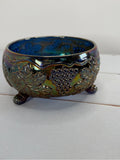 Vintage Fenton Iridescent Cobalt Blue Grape & Leaf Tri-Footed Ferner Dish
