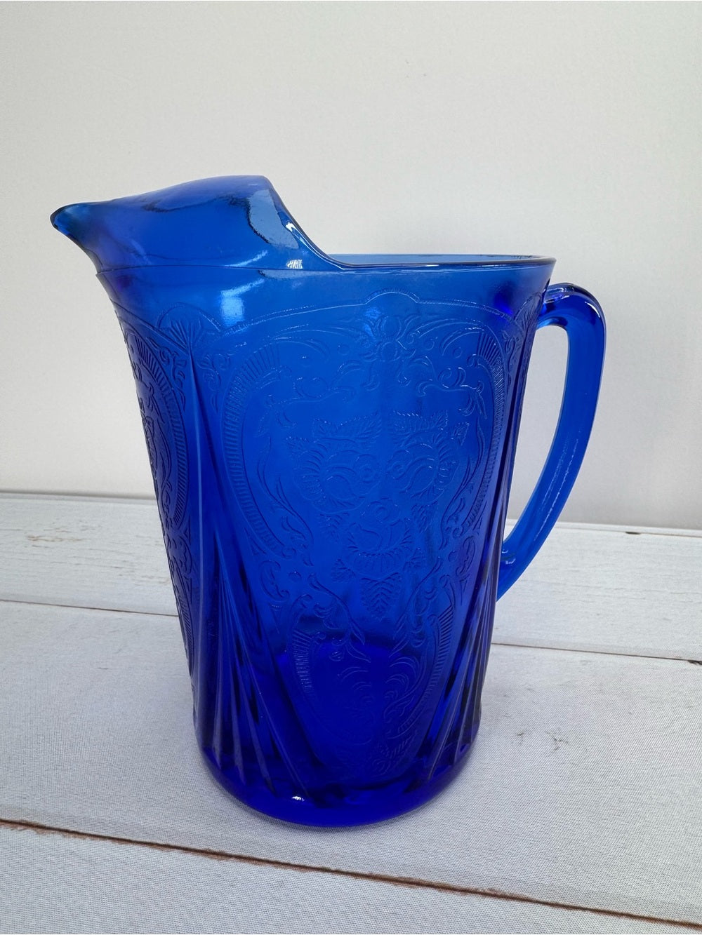 Rare Antique Hazel Atlas Cobalt Blue Royal Lace Water Pitcher 48oz Ice Lip