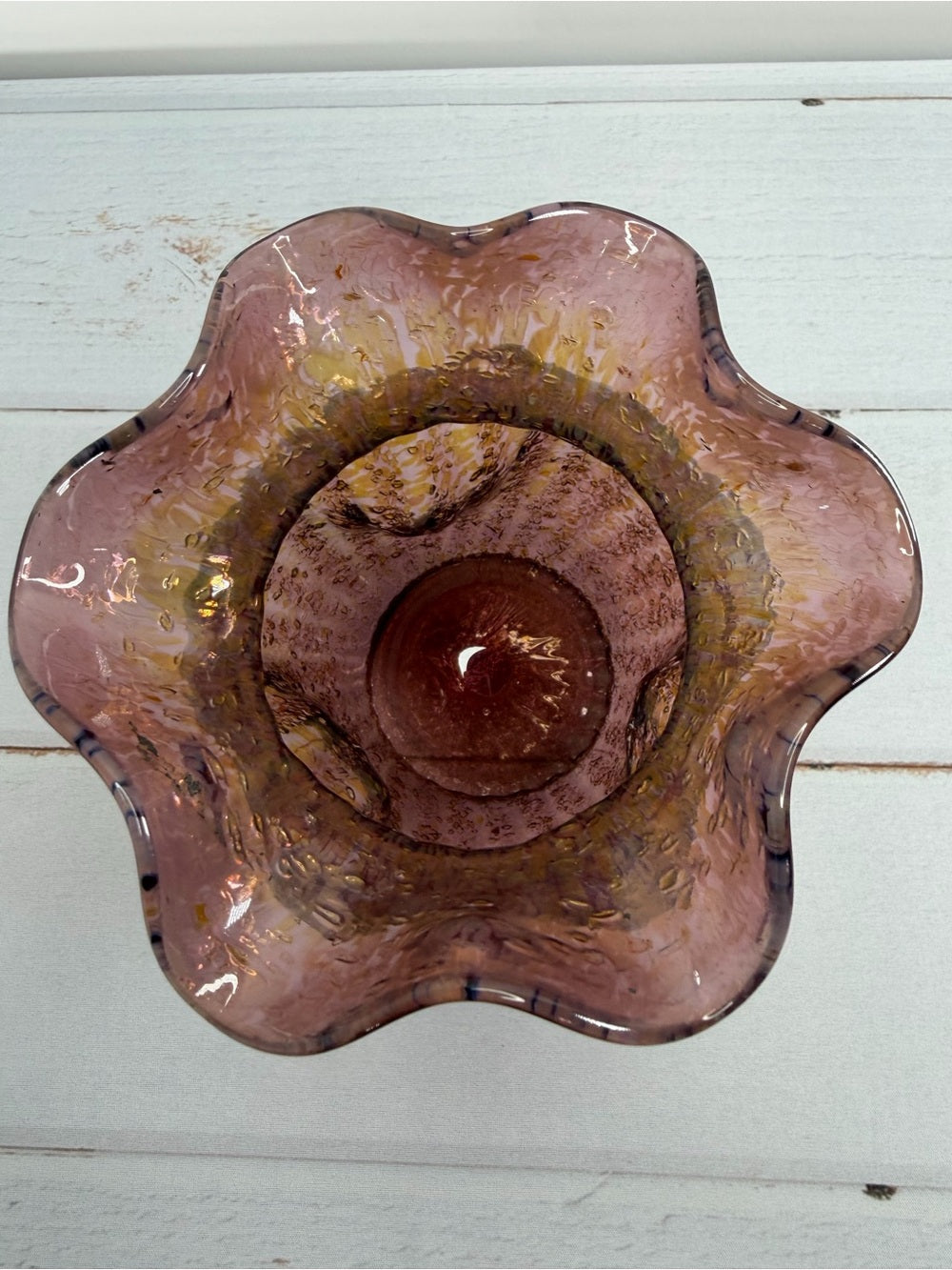 Antique 1905 Dugan Venetian Amethyst Frit Iridescent Art Glass Ruffled Vase