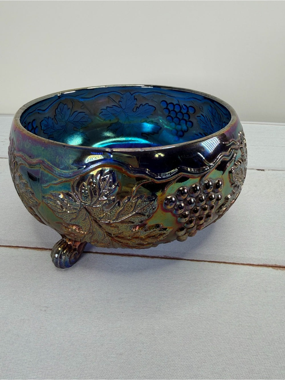 Vintage Fenton Iridescent Cobalt Blue Grape & Leaf Tri-Footed Ferner Dish
