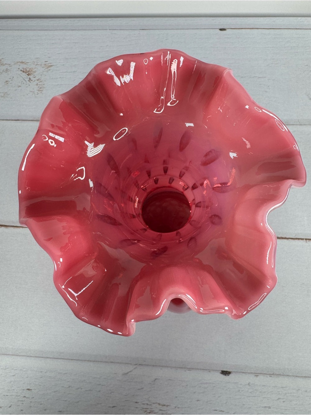 Vintage Fenton Cranberry Opalescent Coin Dot 8" Melon Vase Gift Shop Tag