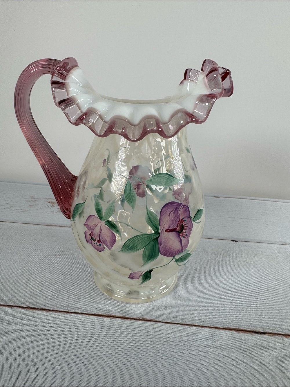 Vintage Fenton Style Opalescent Diamond Optic Hand Painted Pitcher Signed