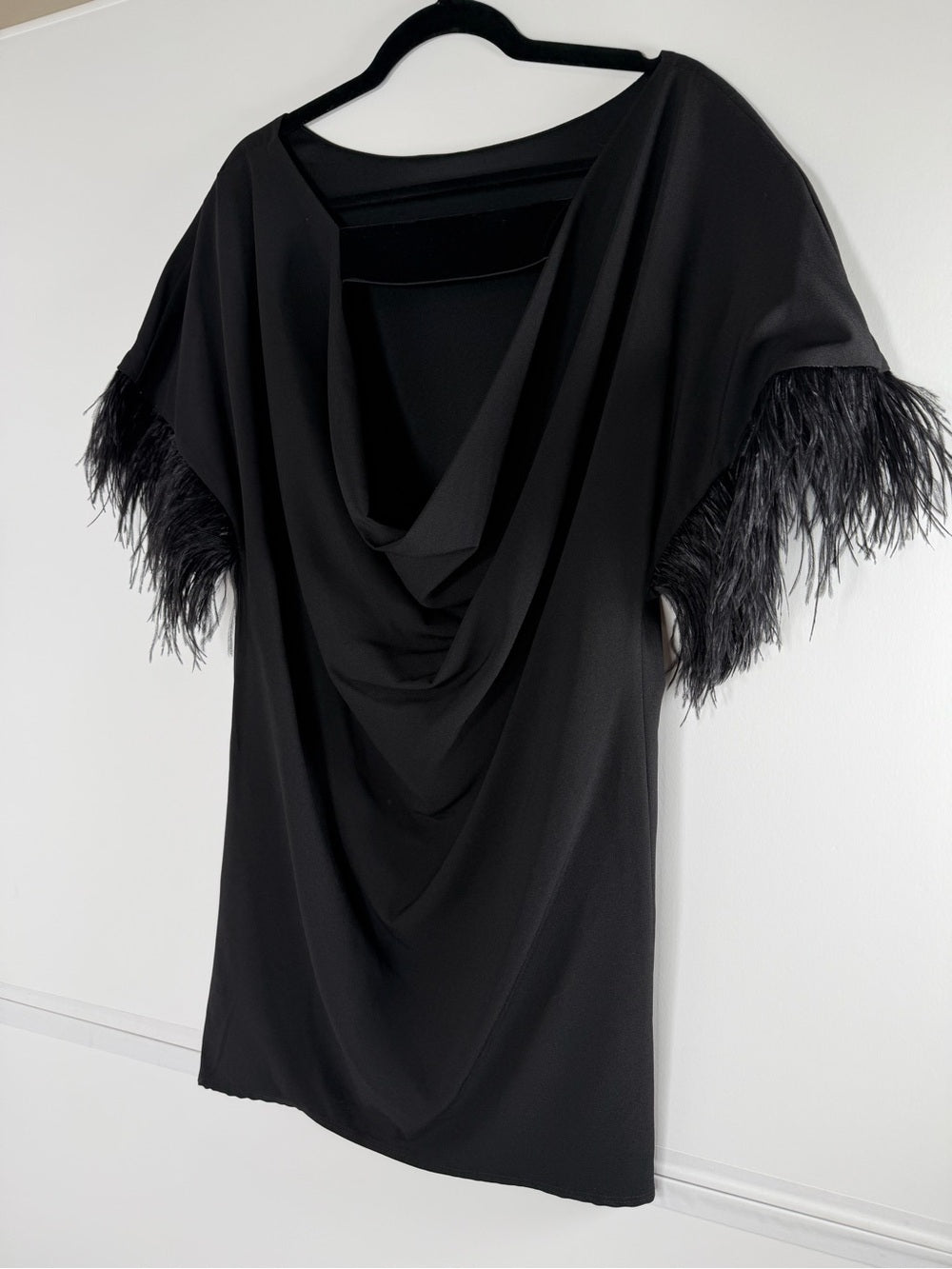 Jay X JAYGODFREY Black Feather Sleeve Draped Cocktail Dress Size 2