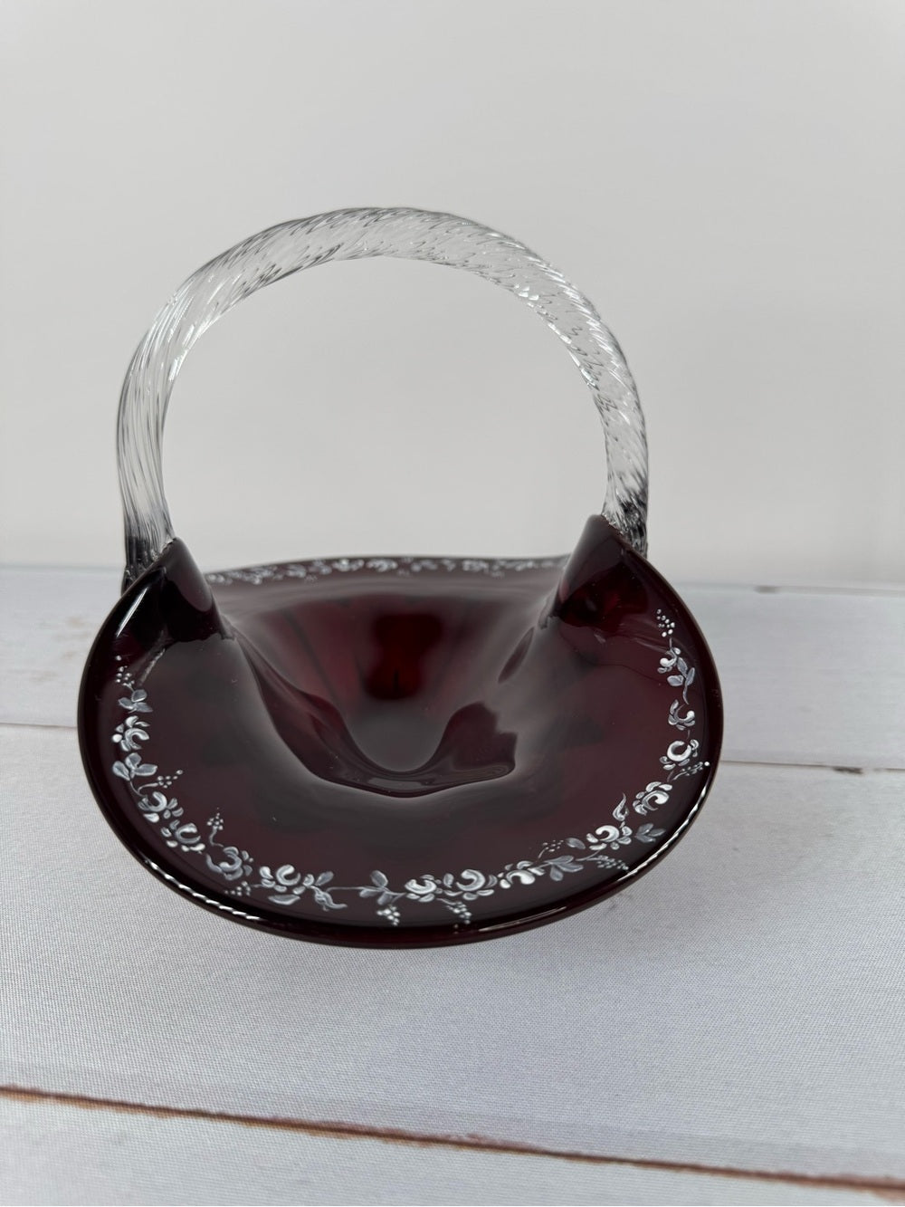 Fenton Cranberry Glass Basket Artist Signed Cynthia McAlpine 1995