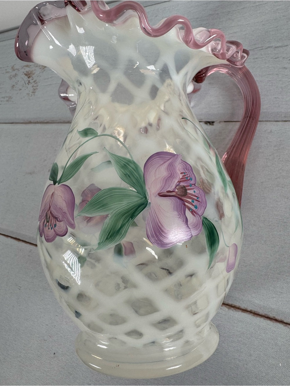 Vintage Fenton Style Opalescent Diamond Optic Hand Painted Pitcher Signed