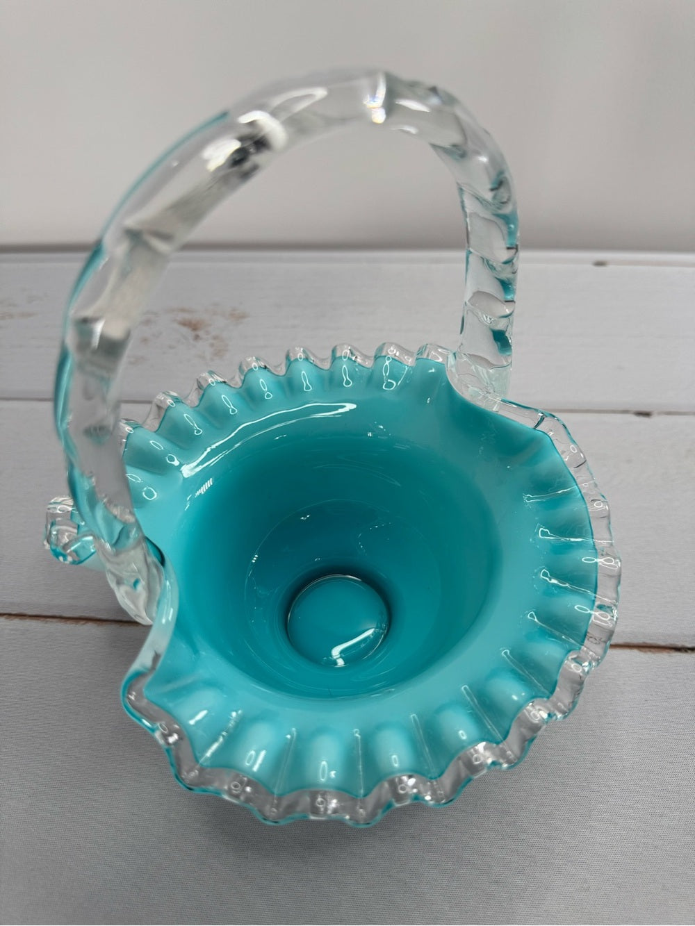 Vintage 1950s Fenton Silver Jamestown Blue Cased Milk Glass Ruffled Basket
