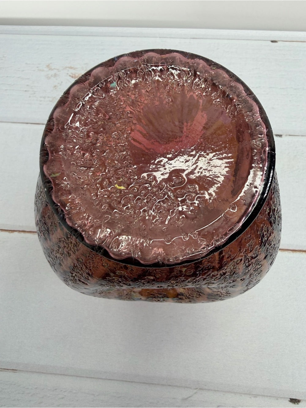 Antique 1905 Dugan Venetian Amethyst Frit Iridescent Art Glass Ruffled Vase