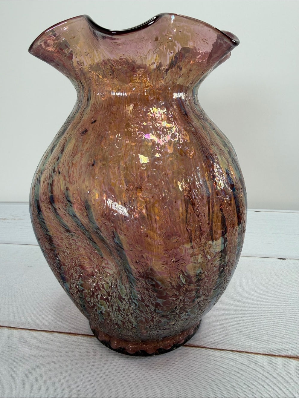 Antique 1905 Dugan Venetian Amethyst Frit Iridescent Art Glass Ruffled Vase