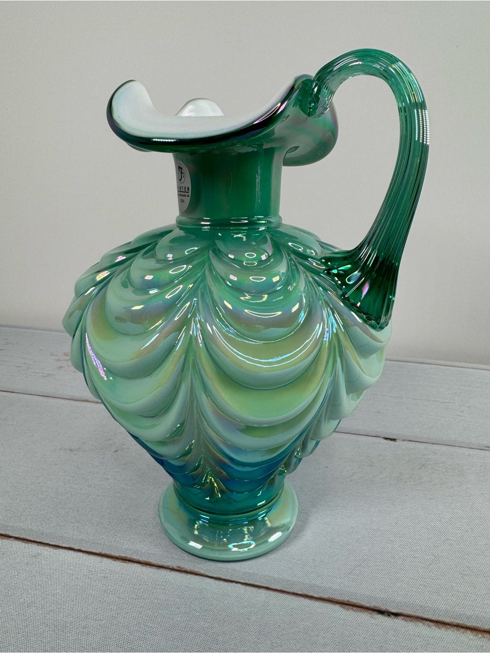 Vintage Fenton Green Opalescent Drapery Pattern Ewer Pitcher Handmade USA