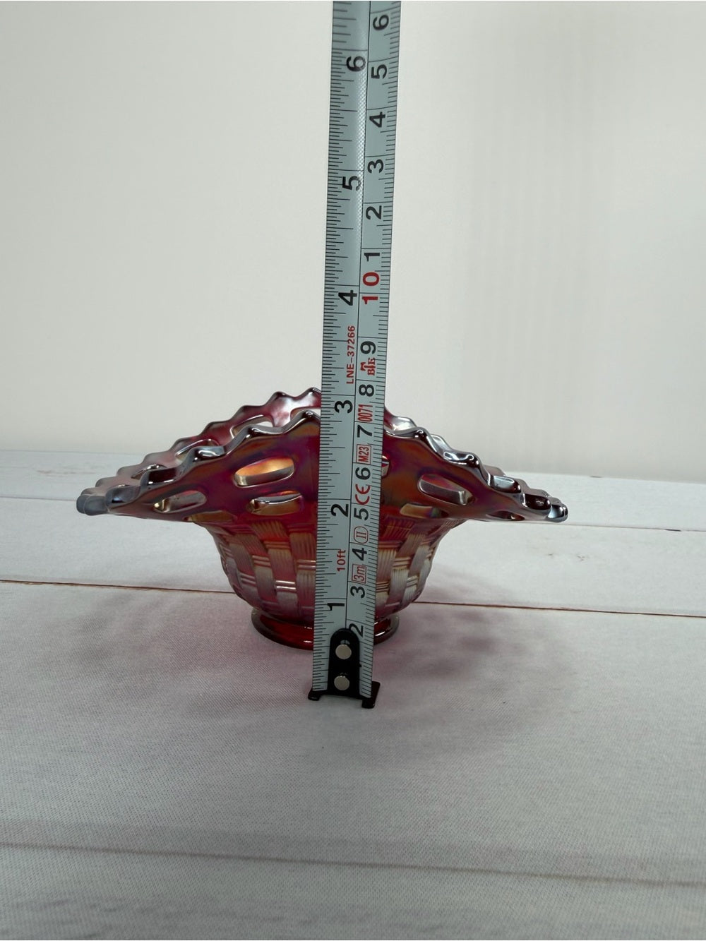Fenton Ruby Red Iridescent Carnival Glass Openwork Lace Basketweave Ruffled Bowl