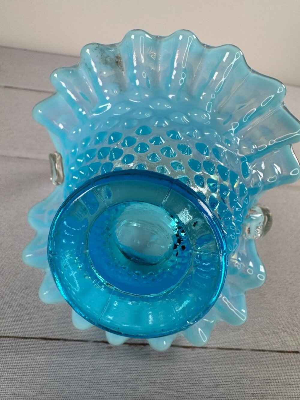 Vintage Fenton Blue Opalescent Hobnail Glass Basket Ruffled Clear Handle