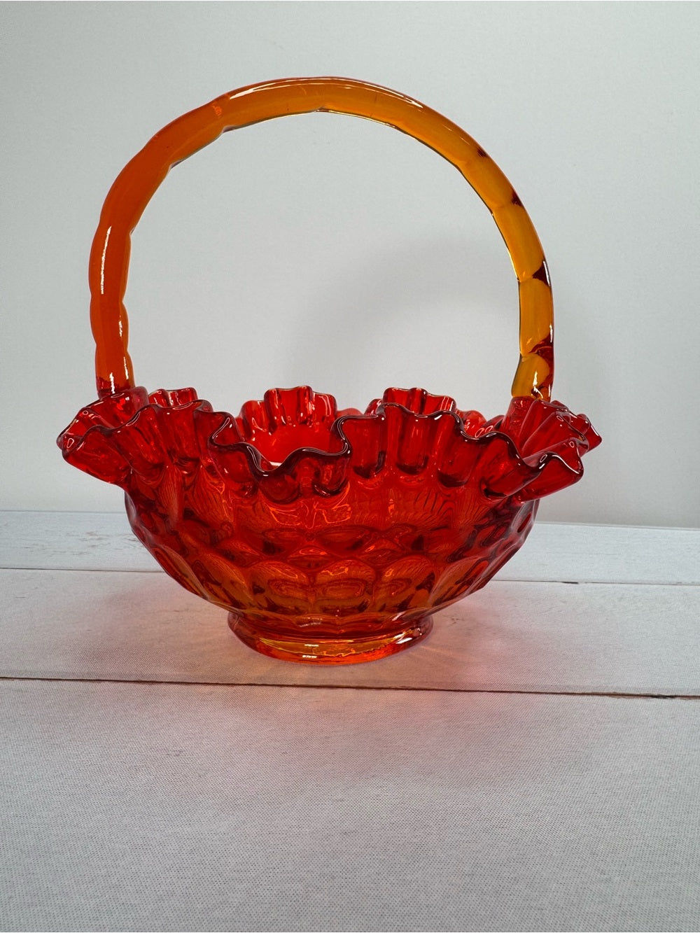 Vintage Fenton Amberina Thumbprint Ruffled Glass Basket