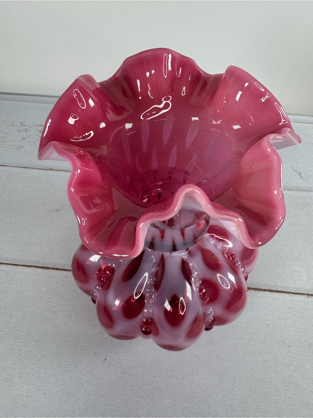 Vintage Fenton Cranberry Opalescent Coin Dot 8" Melon Vase Gift Shop Tag