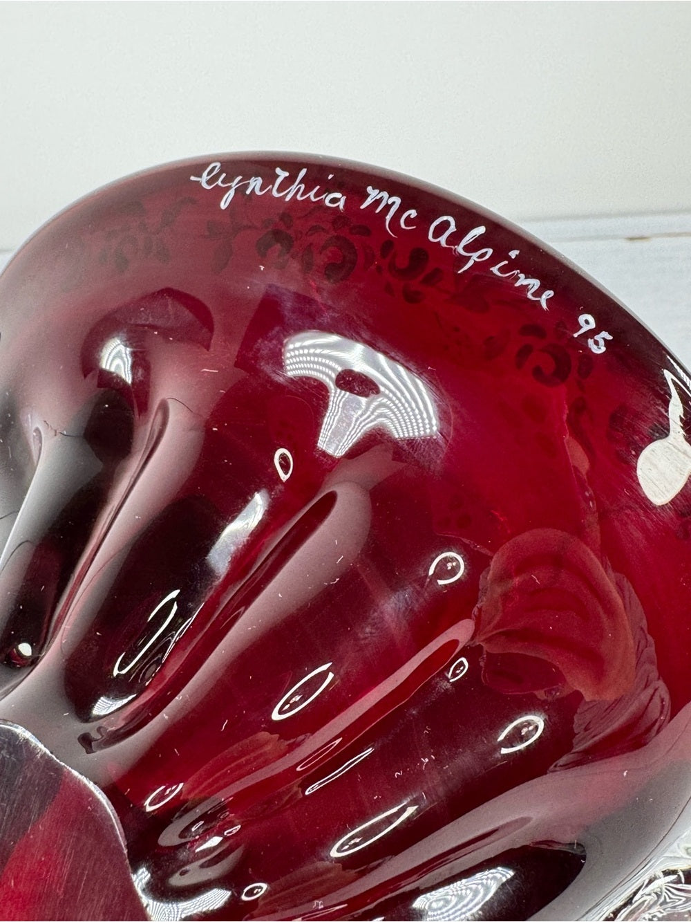 Fenton Cranberry Glass Basket Artist Signed Cynthia McAlpine 1995
