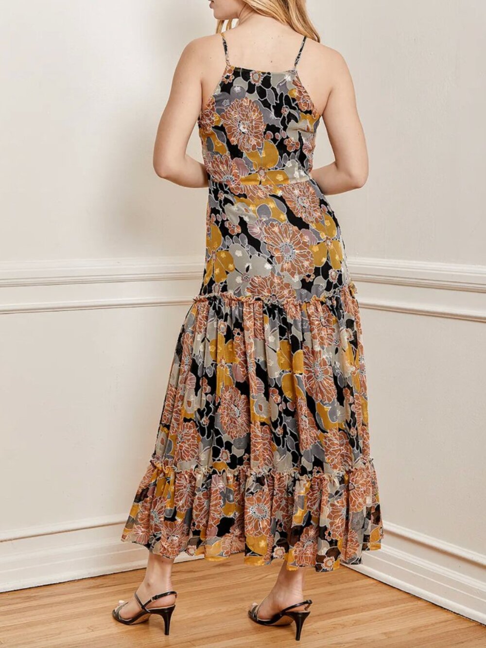 Lulus Black Floral Jacquard Tiered Midi Dress Size XS