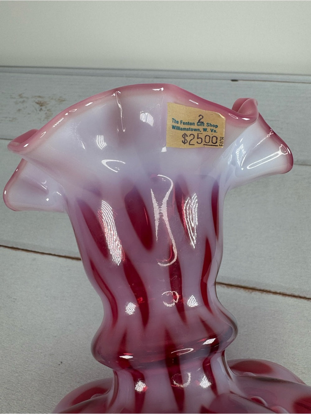 Vintage Fenton Cranberry Opalescent Coin Dot 8" Melon Vase Gift Shop Tag
