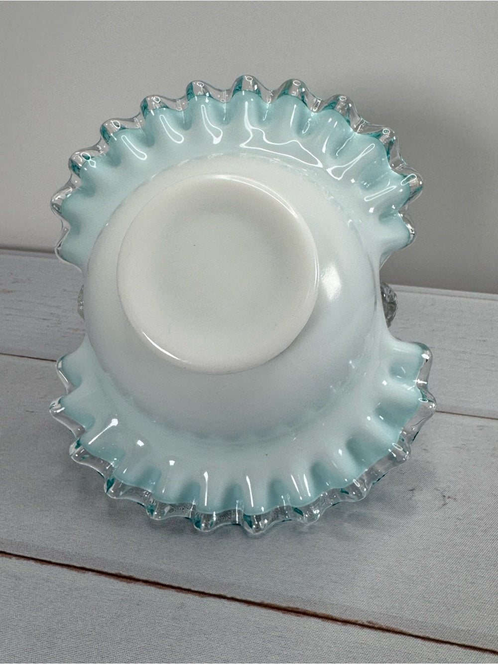 Vintage 1950s Fenton Silver Jamestown Blue Cased Milk Glass Ruffled Basket