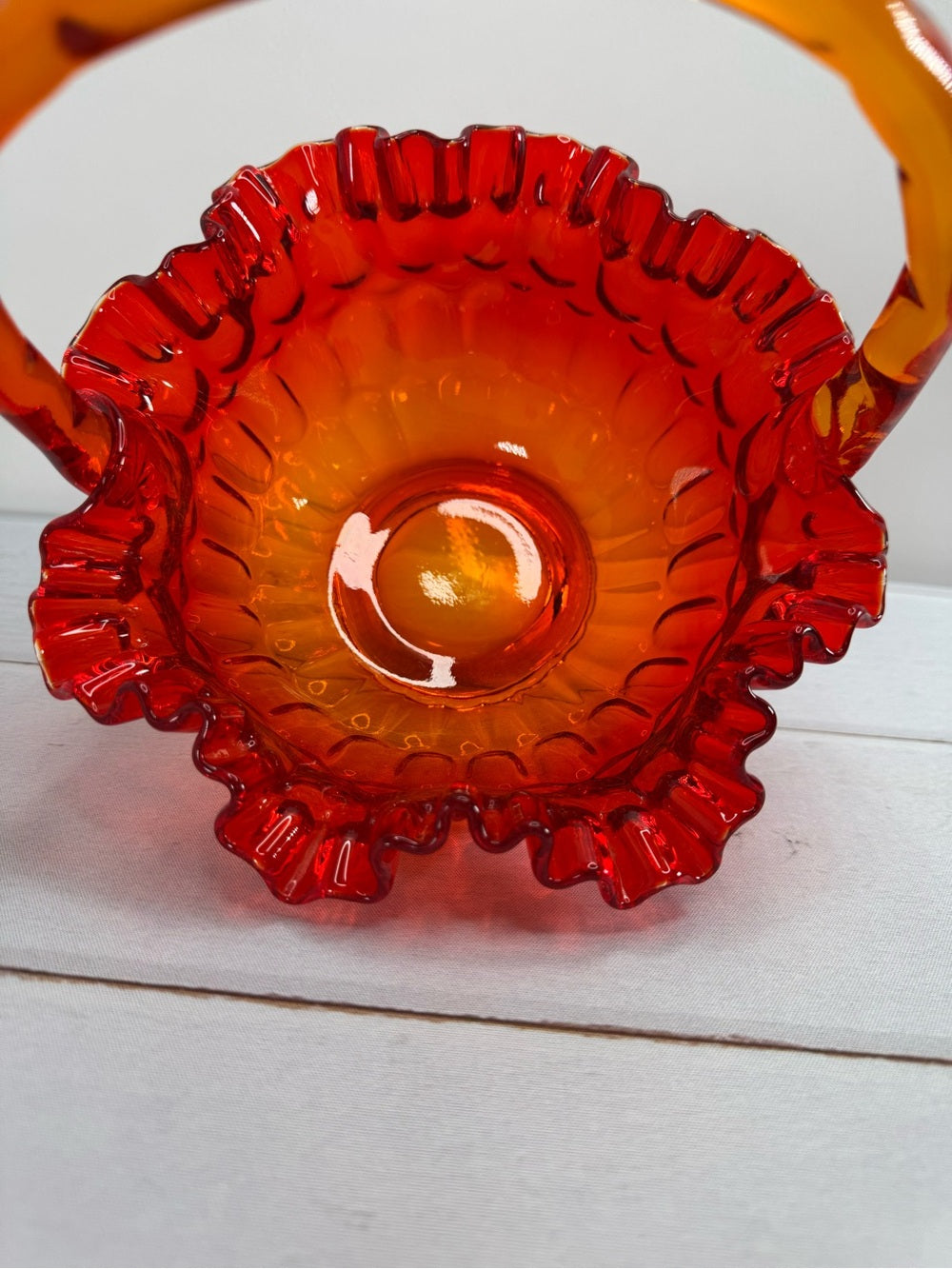 Vintage Fenton Amberina Thumbprint Ruffled Glass Basket