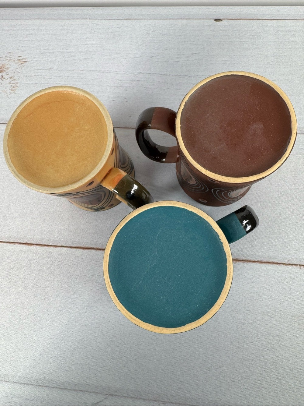 Vintage 70s MCM Boho Blue Tan Brown Stoneware Coffee Mugs Set of 3