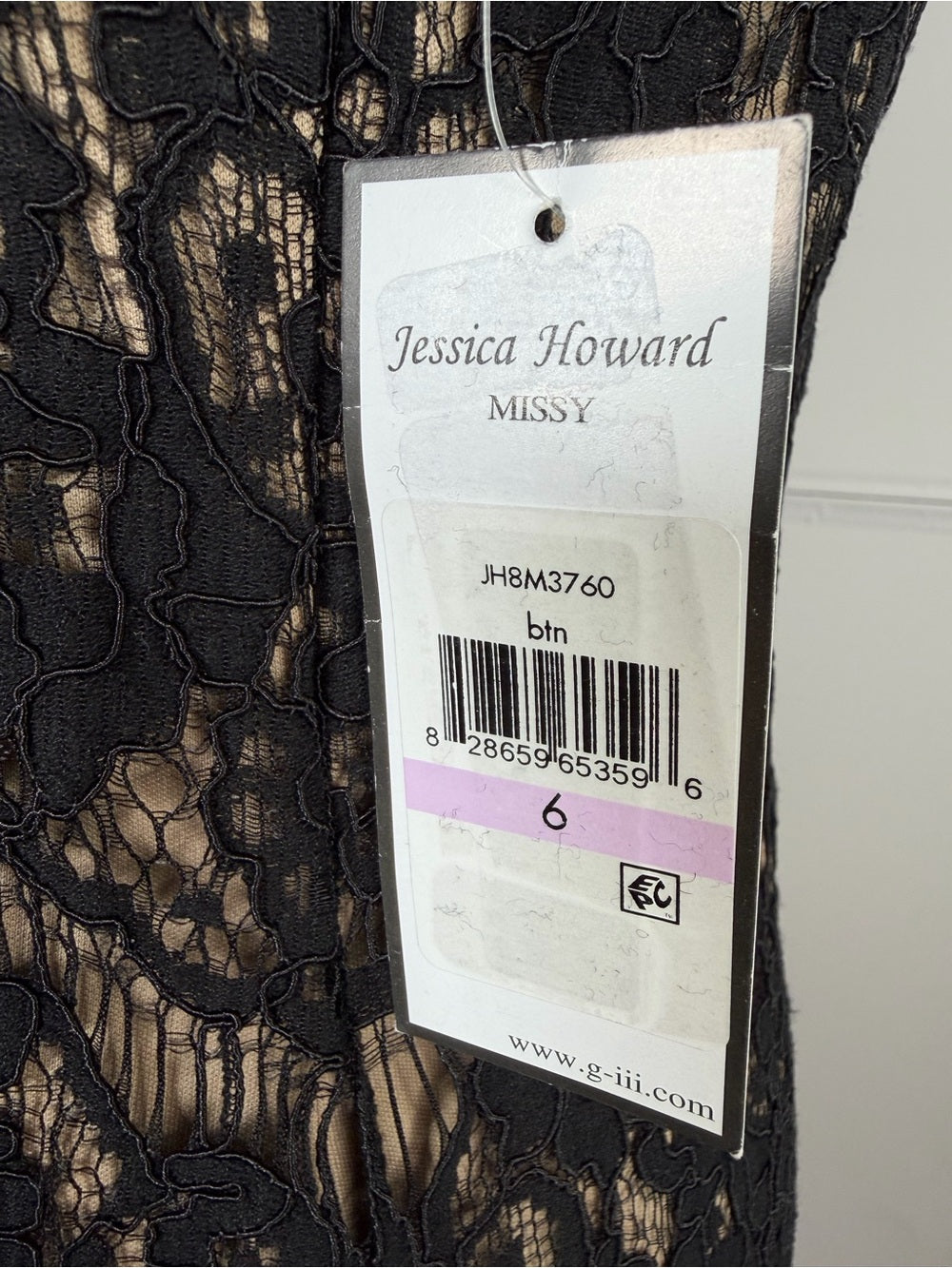 Jessica Howard Black Lace Sheath Dress Nude Lining 3/4 Sleeve Size 6