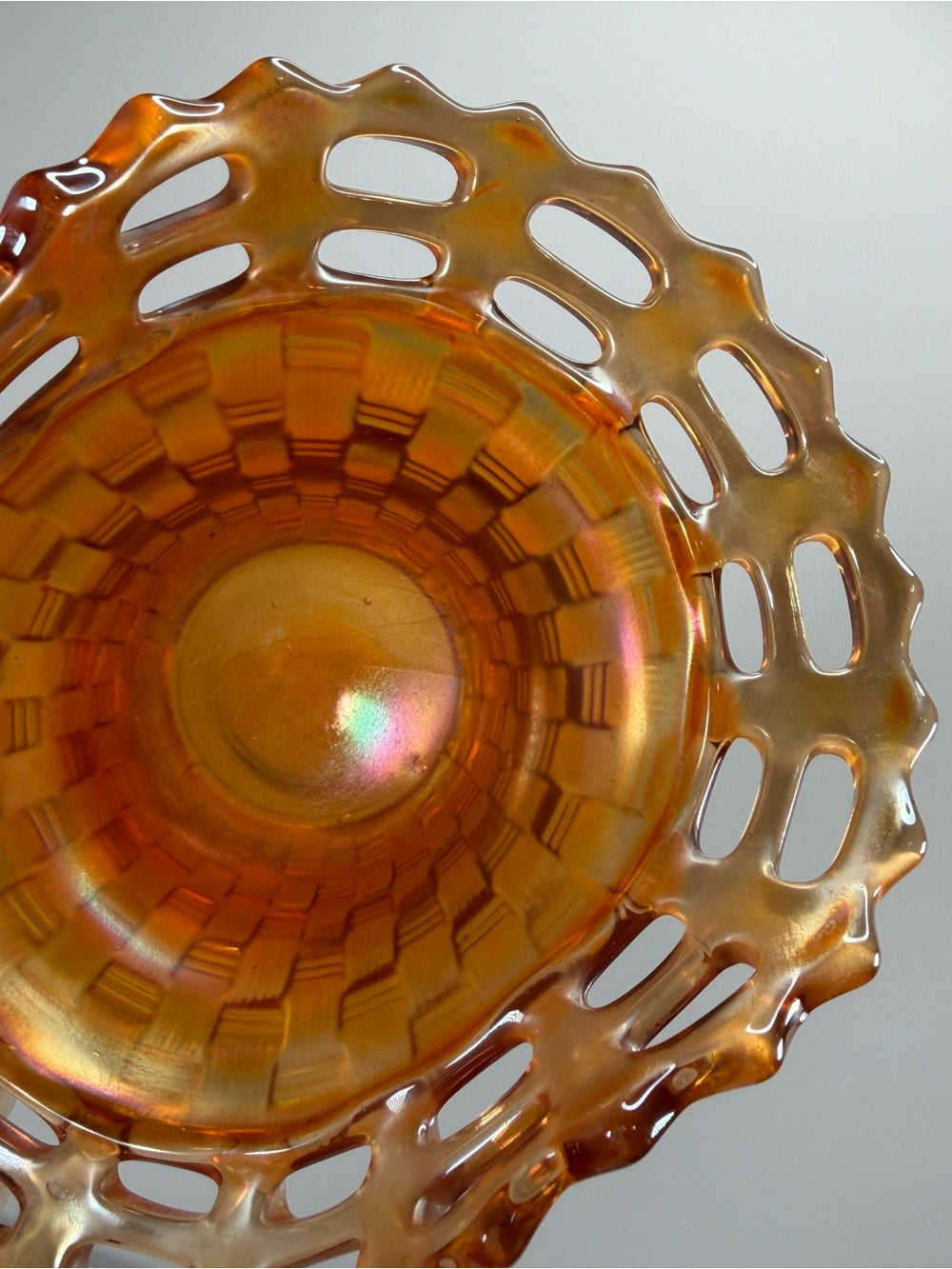 Vintage Fenton Marigold Carnival Glass Open Edge Basketweave Basket