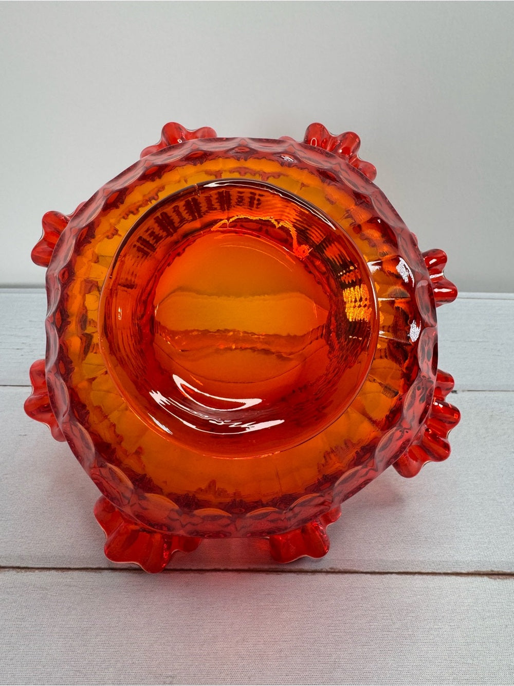 Vintage Fenton Amberina Thumbprint Ruffled Glass Basket