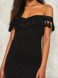 NWT Vera & Lucy Black Fringe Off Shoulder Bodycon Cocktail Dress Size Small