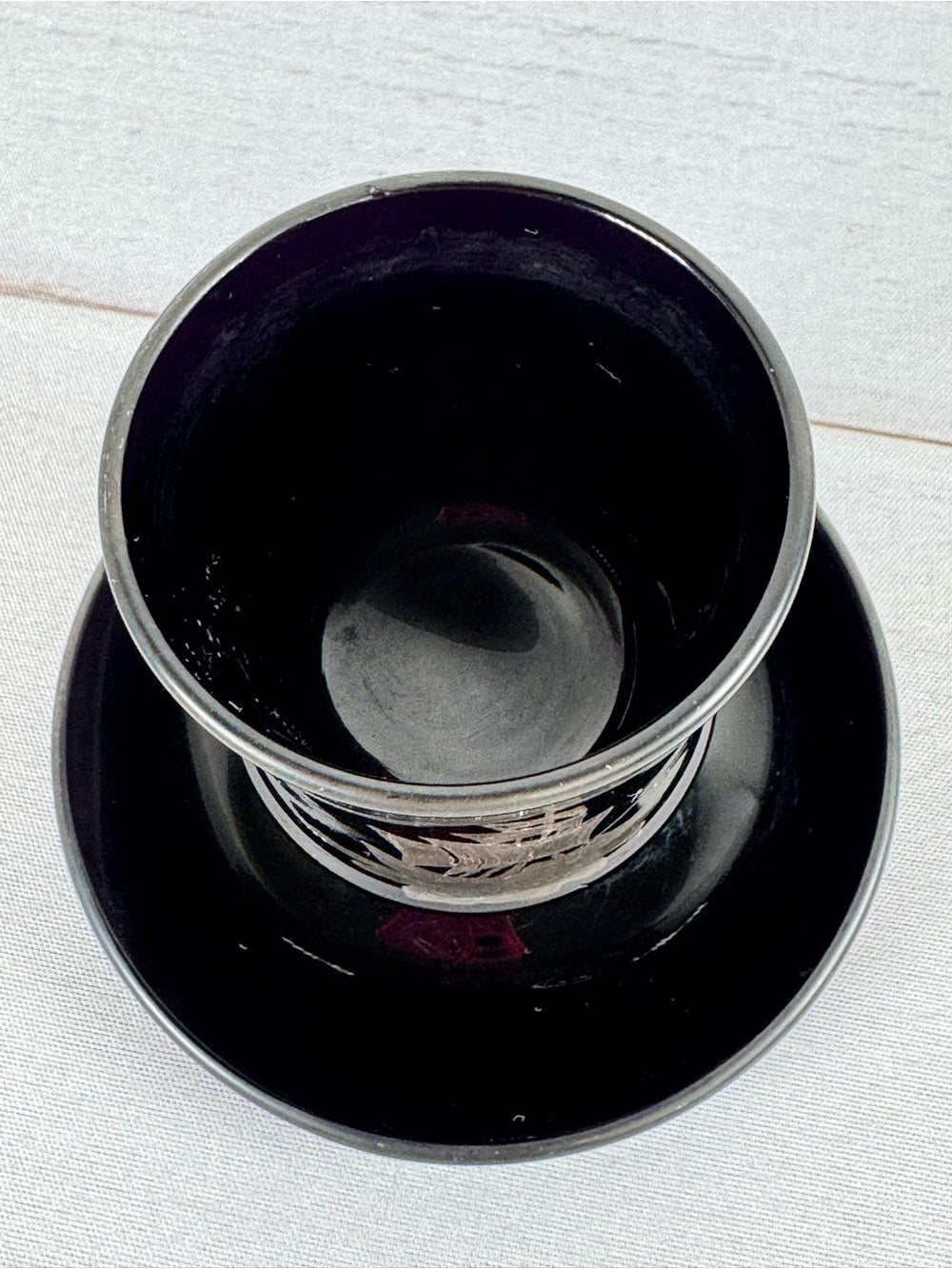 Vintage Black Amethyst Glass Pedestal Cup, Silver Overlay Sailboat