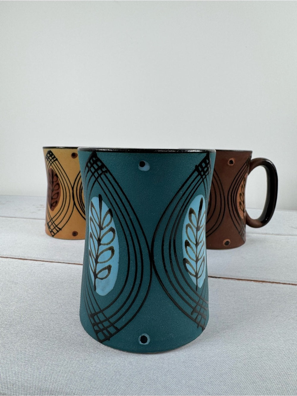 Vintage 70s MCM Boho Blue Tan Brown Stoneware Coffee Mugs Set of 3
