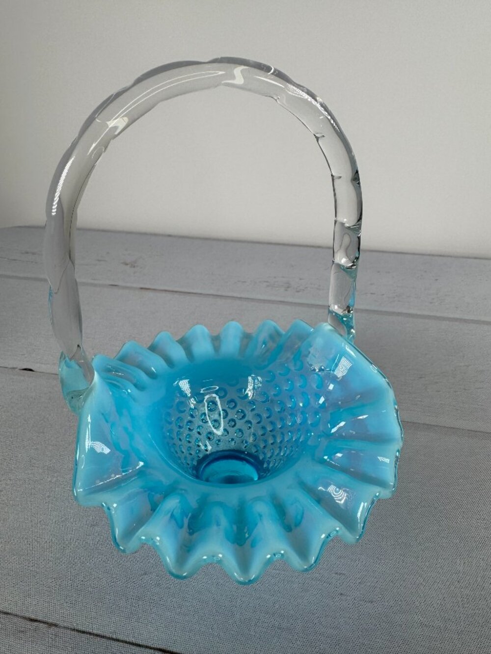 Vintage Fenton Blue Opalescent Hobnail Glass Basket Ruffled Clear Handle