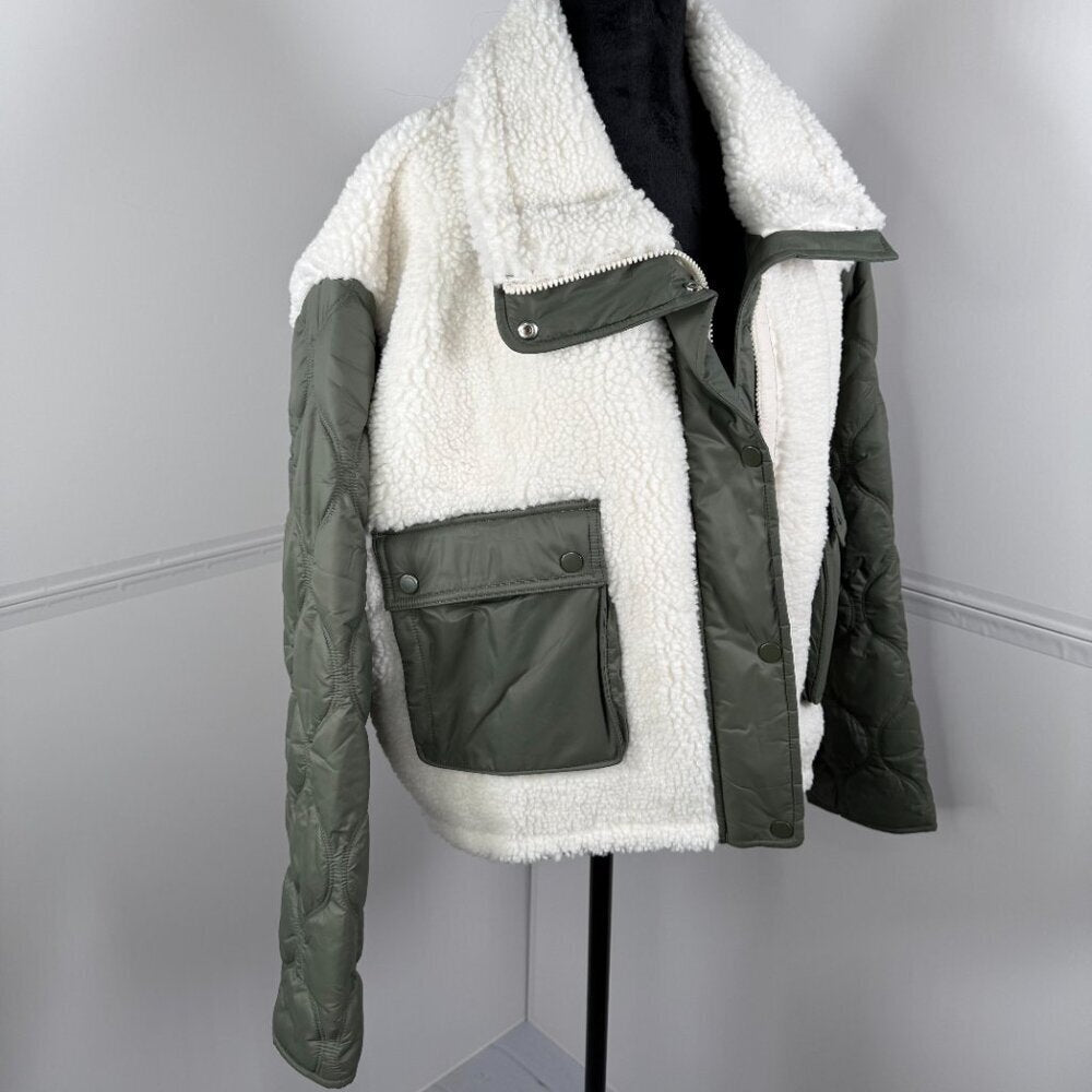 Athleta Fleece Hybrid Sherpa Quilted Jacket NWT Olive XL