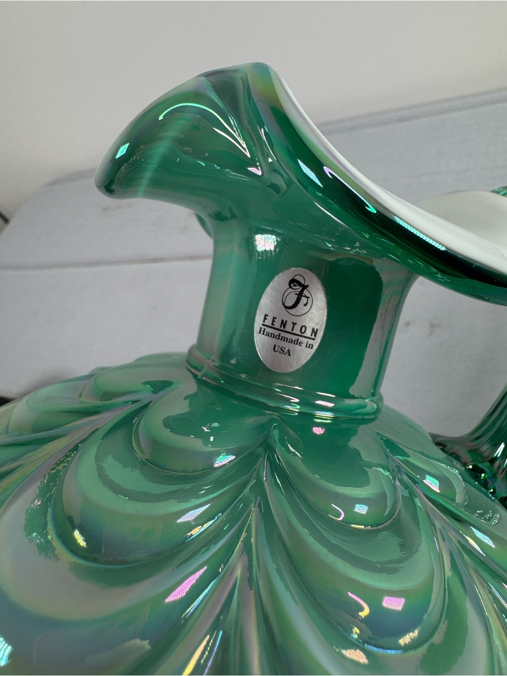 Vintage Fenton Green Opalescent Drapery Pattern Ewer Pitcher Handmade USA