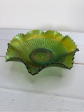 Antique Signed Northwood Green Stippled Rays Carnival Glass Ruffled Bowl Mark N